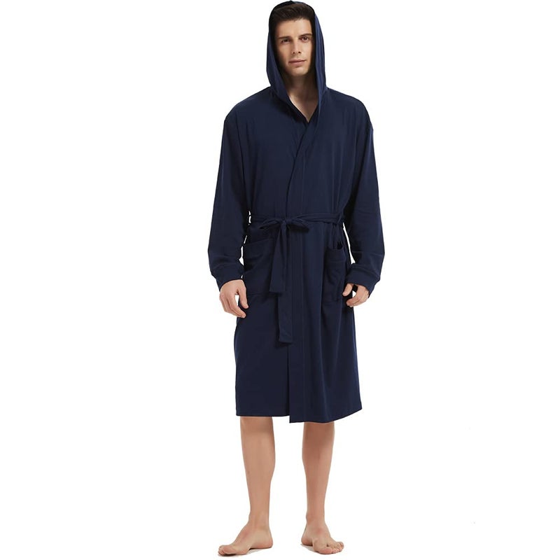 HOLOVE Mens Hooded Cotton Robes Soft Lightweight Dressing Gowns with Pockets Plus-size Spa Bathrobe (Blue 2XL/3XL) - Image 1